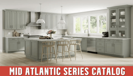 A kitchen with green cabinets and a heading at the bottom that reads "Mid Atlantic Series Catalog".